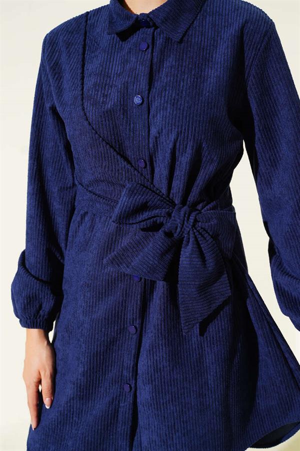 Side Tied Velvet Corduroy 2 Piece Set Navy Blue
