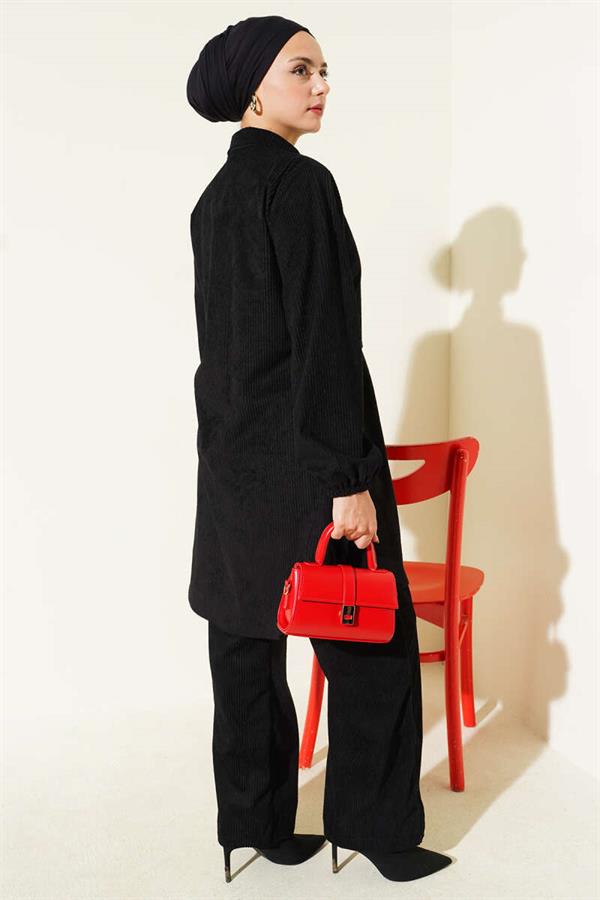 Side Tie Velvet Ribbed 2 Piece Set Black