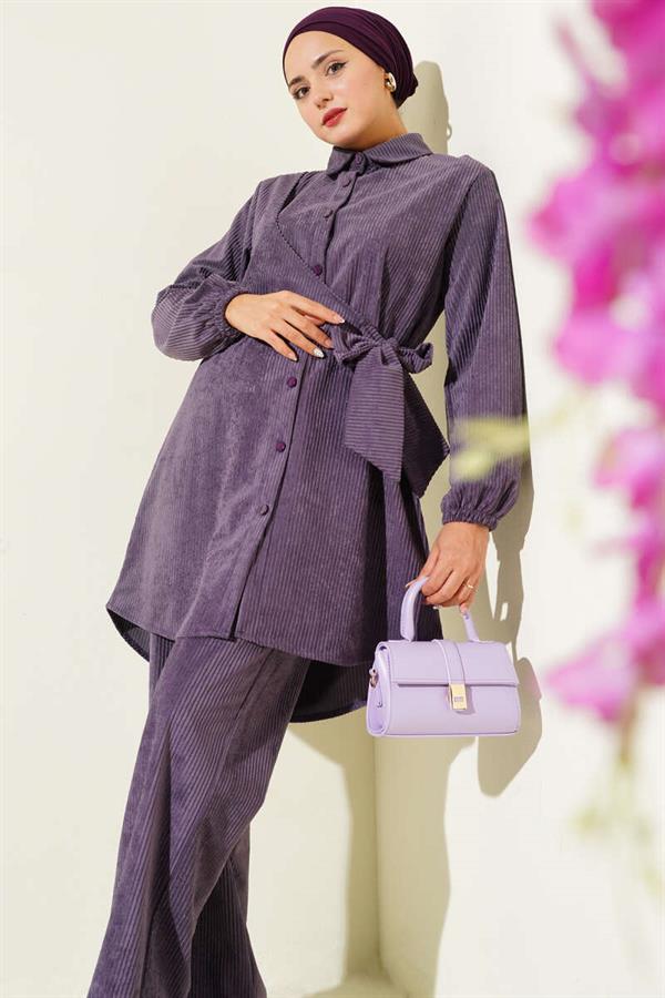 Side Tie Velvet Ribbed 2 Piece Set Lilac