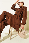 Side Tied Velvet Corduroy 2 Piece Set Brown