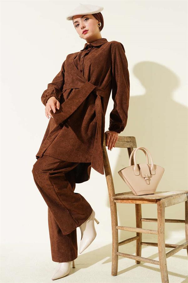 Side Tied Velvet Corduroy 2 Piece Set Brown
