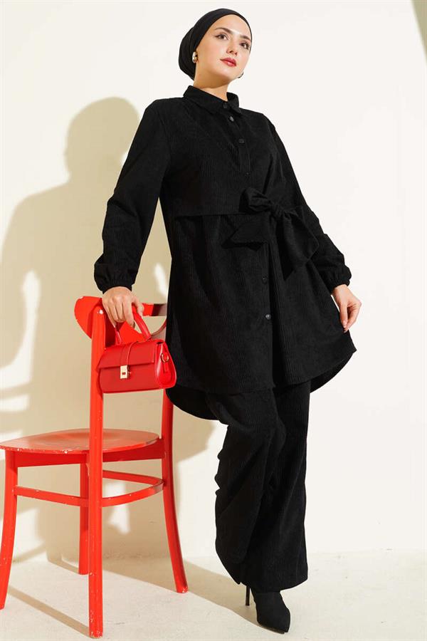 Side Tie Velvet Ribbed 2 Piece Set Black