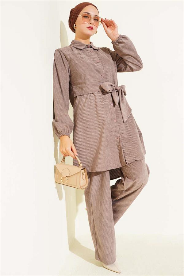 Side Tied Velvet Corduroy 2 Piece Set Mink