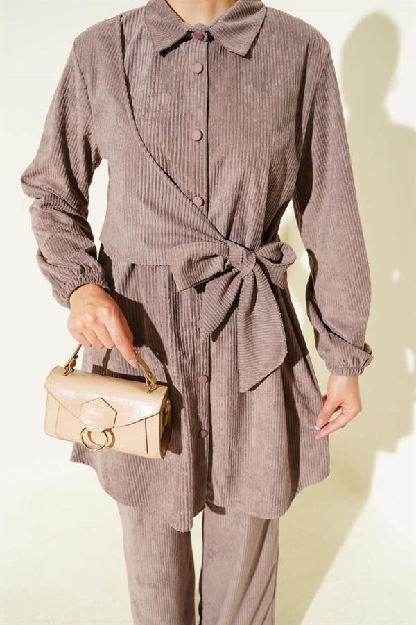 Side Tied Velvet Corduroy 2 Piece Set Mink