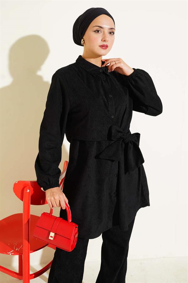 Side Tie Velvet Ribbed 2 Piece Set Black