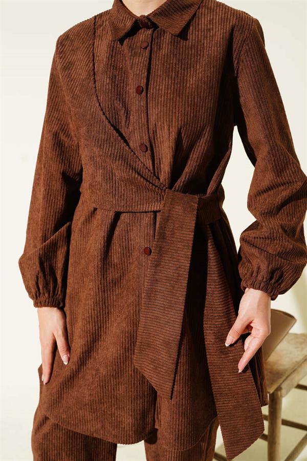 Side Tied Velvet Corduroy 2 Piece Set Brown