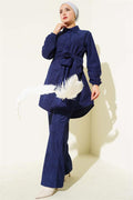Side Tied Velvet Corduroy 2 Piece Set Navy Blue