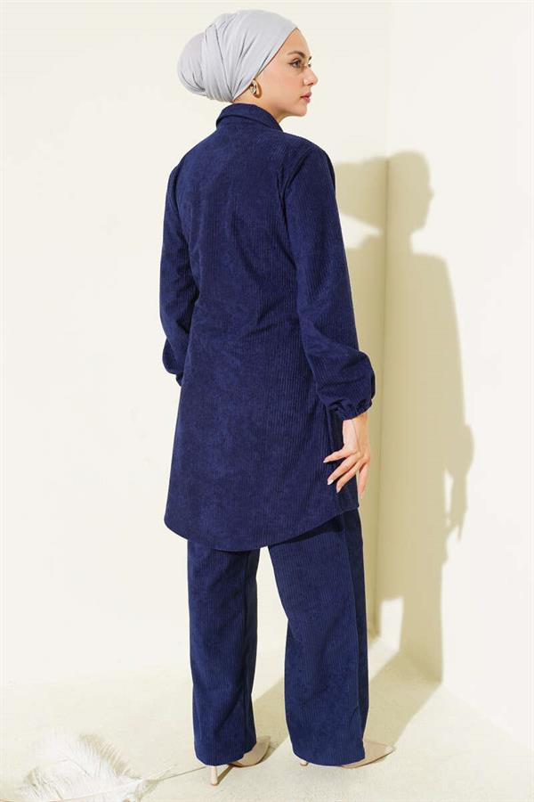 Side Tied Velvet Corduroy 2 Piece Set Navy Blue