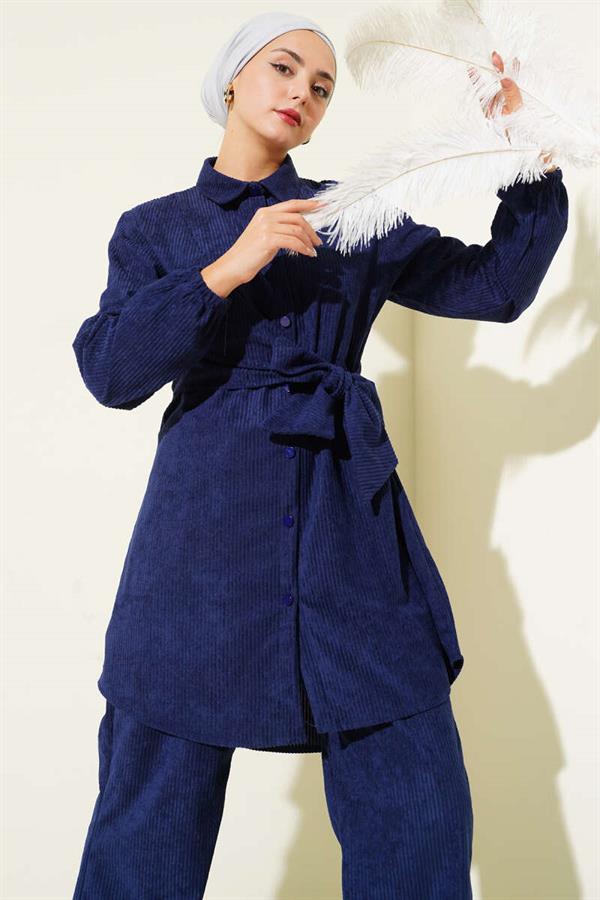 Side Tied Velvet Corduroy 2 Piece Set Navy Blue