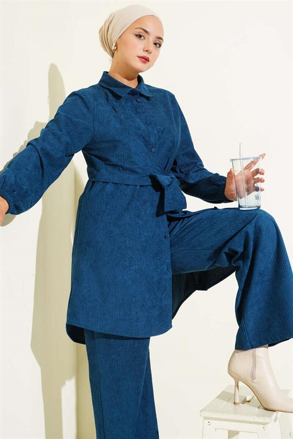 Side Tie Velvet Ribbed 2 Piece Set Petrol Green