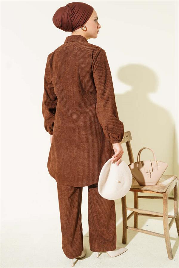Side Tied Velvet Corduroy 2 Piece Set Brown
