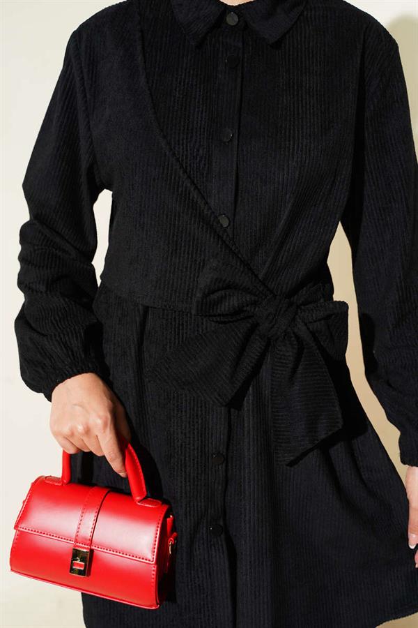 Side Tie Velvet Ribbed 2 Piece Set Black