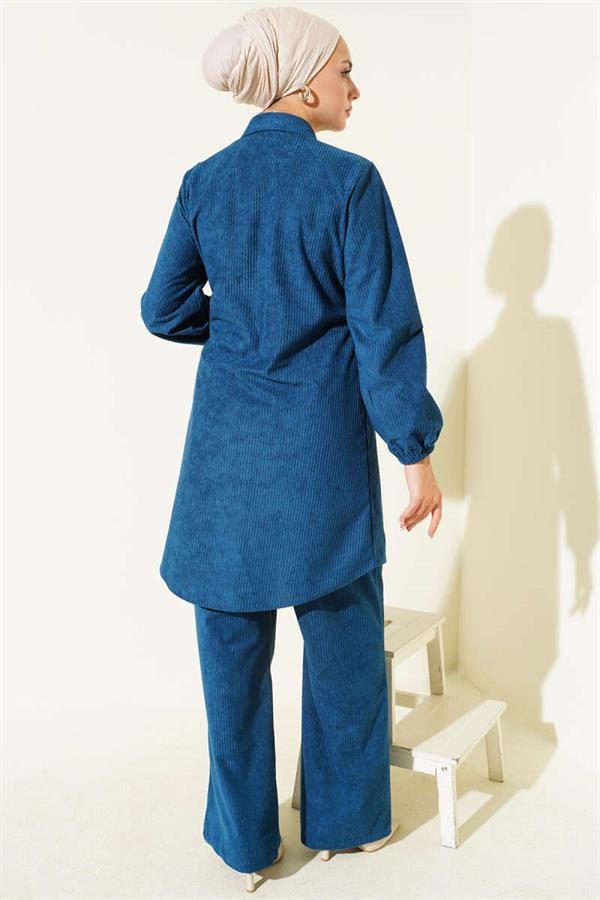 Side Tie Velvet Ribbed 2 Piece Set Petrol Green