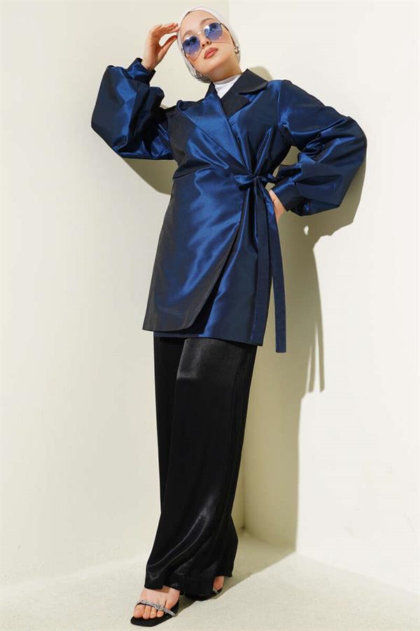 Side Tie Shiny Taffeta Jacket Navy Blue