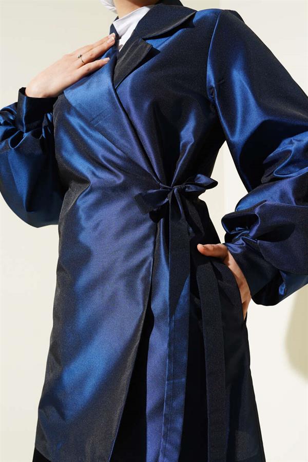 Side Tie Shiny Taffeta Jacket Navy Blue