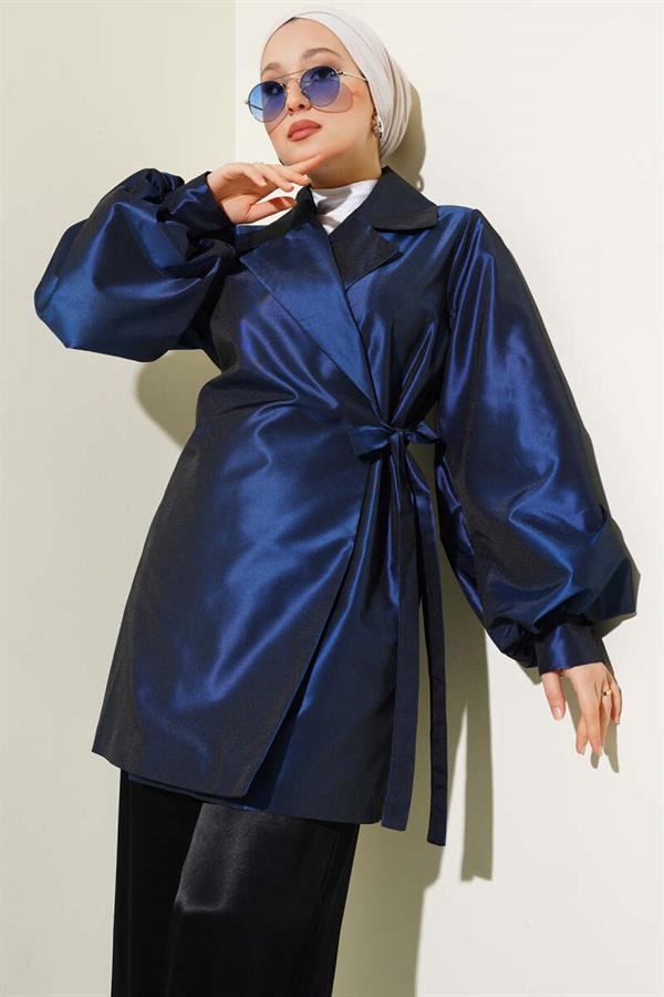 Side Tie Shiny Taffeta Jacket Navy Blue