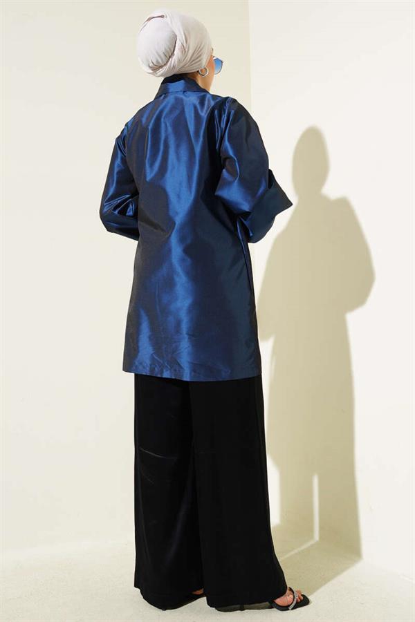 Side Tie Shiny Taffeta Jacket Navy Blue