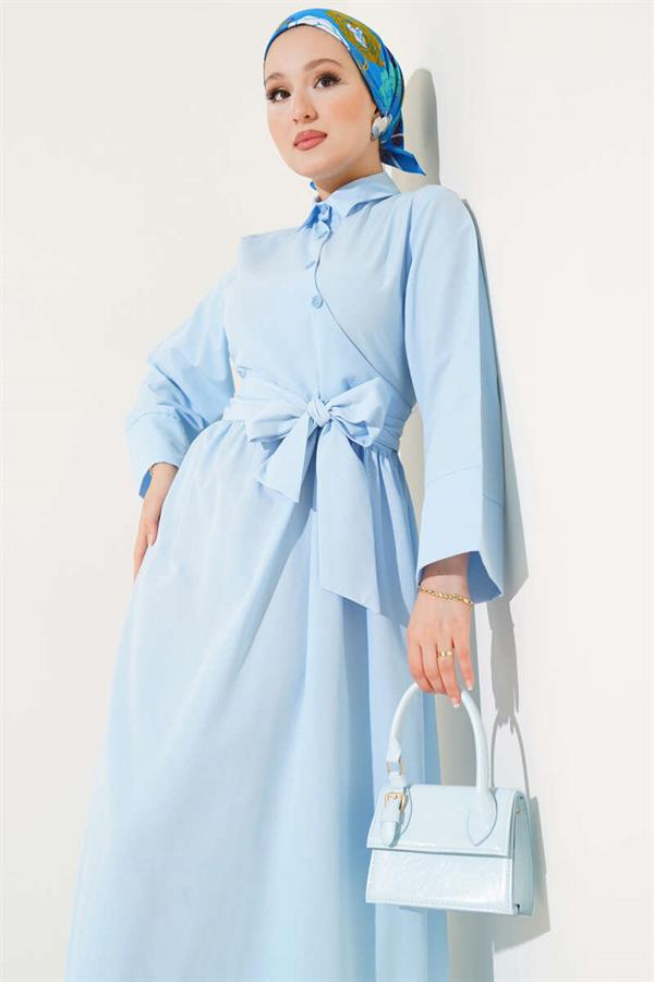 Side Tie Half Cross Button Dress Baby Blue