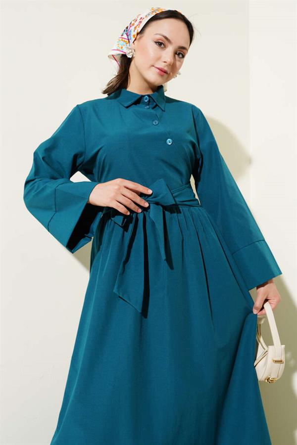 Side Tie Half Cross Button Dress Petrol