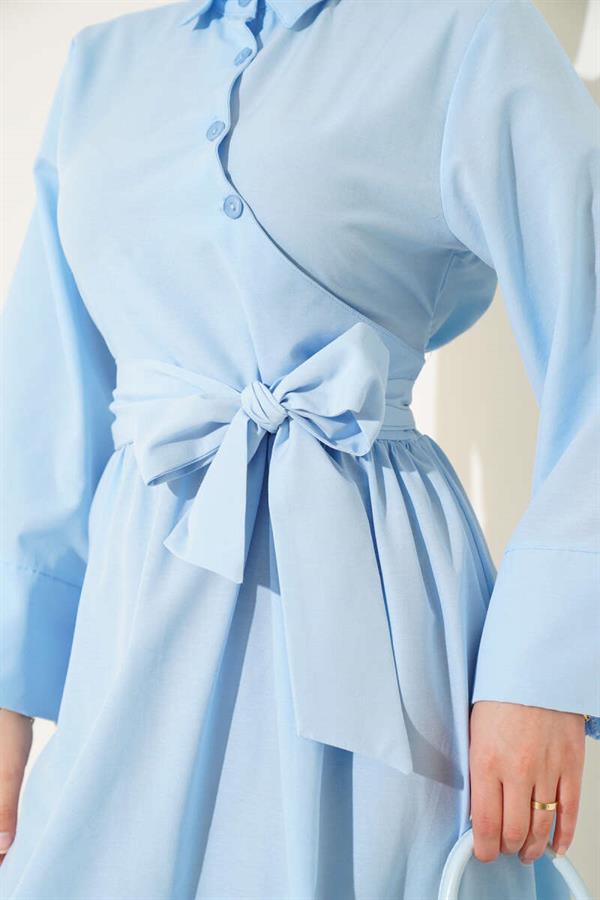 Side Tie Half Cross Button Dress Baby Blue