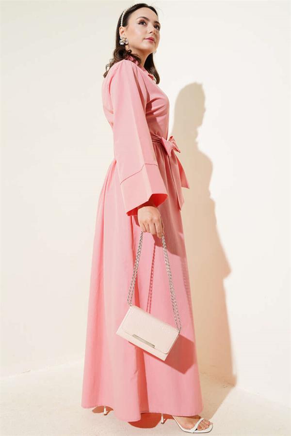Side Tie Half Cross Button Dress Powder