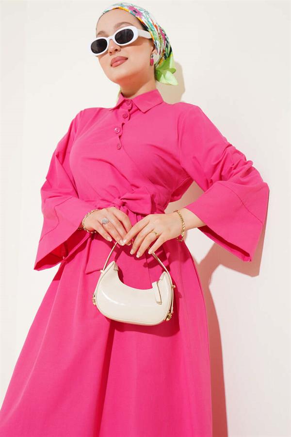 Side Tie Half Cross Button Dress Fuchsia