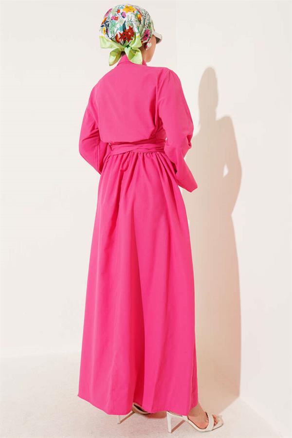 Side Tie Half Cross Button Dress Fuchsia
