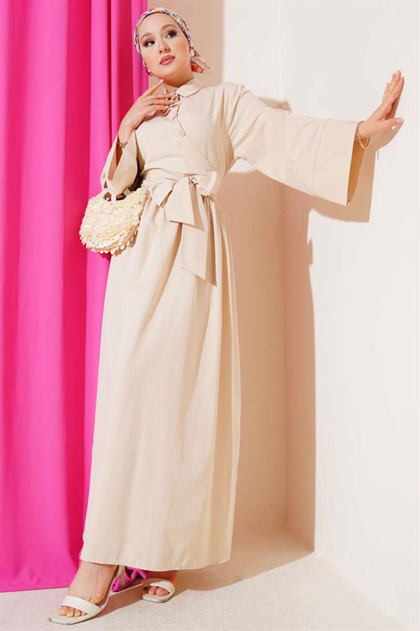 Side Tie Half Cross Button Dress Beige