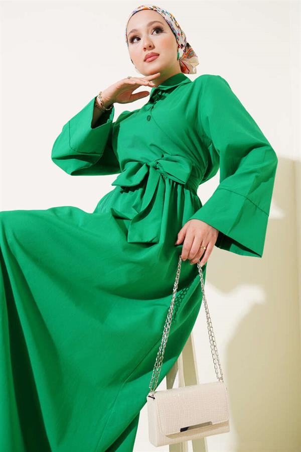 Side Tie Half Cross Button Dress Green