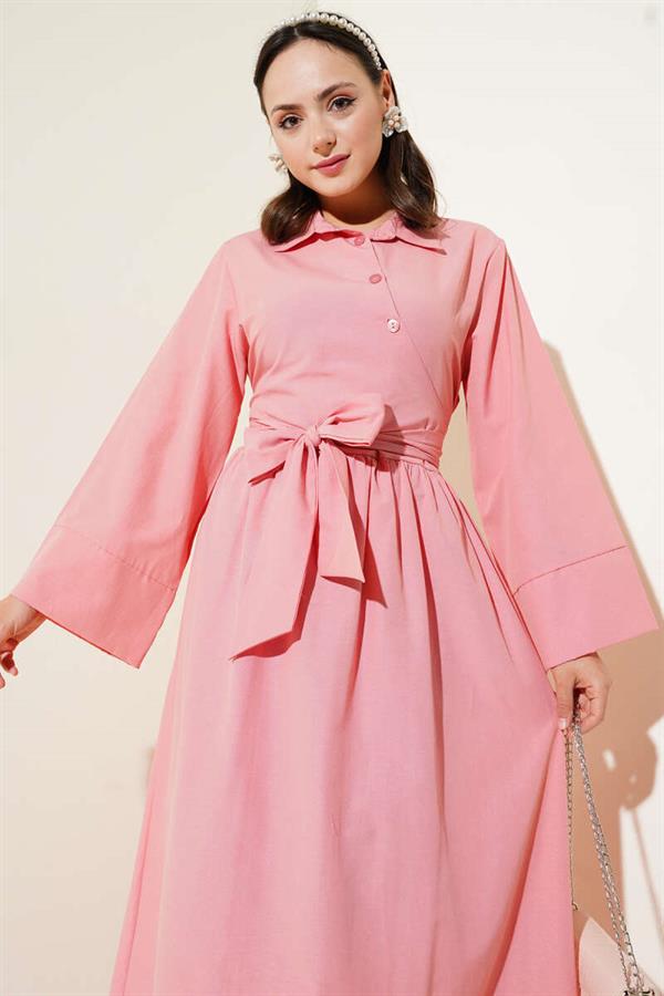 Side Tie Half Cross Button Dress Powder