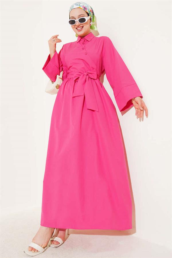 Side Tie Half Cross Button Dress Fuchsia