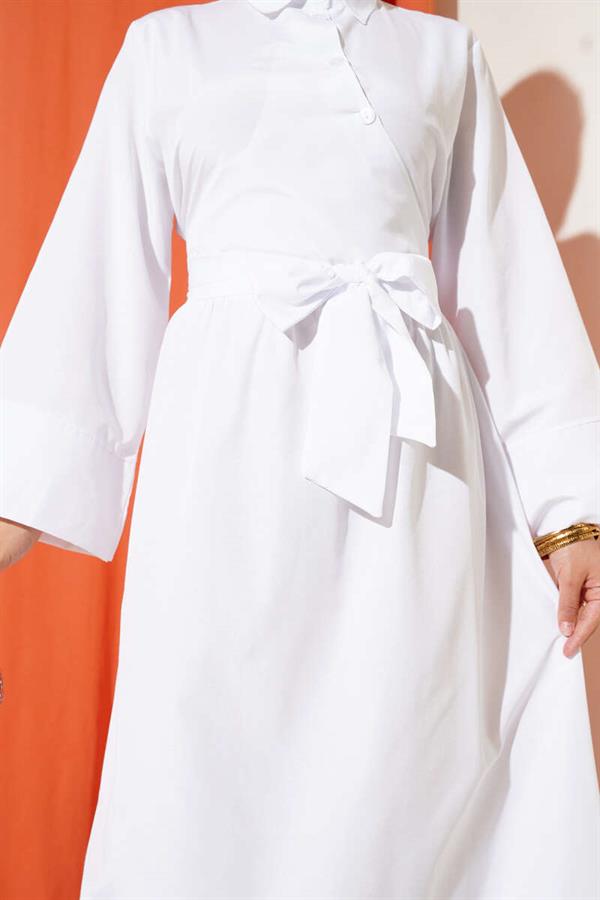 Side Tie Half Cross Button Dress White