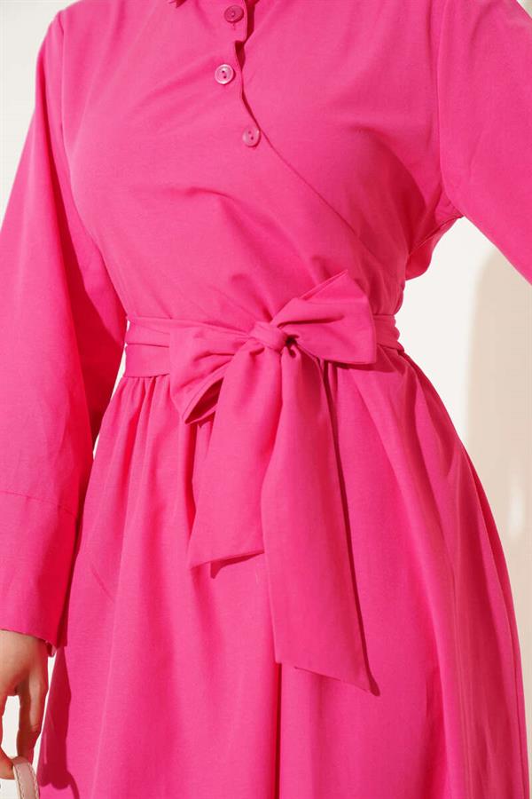 Side Tie Half Cross Button Dress Fuchsia