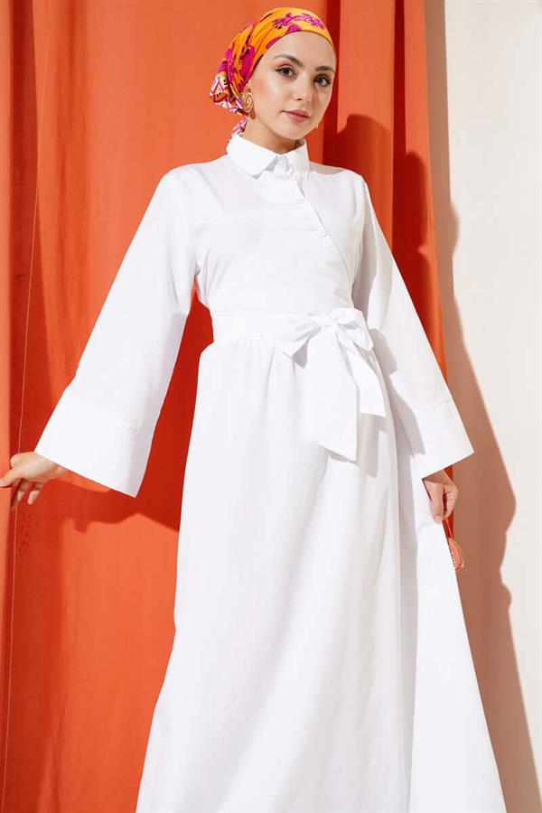 Side Tie Half Cross Button Dress White
