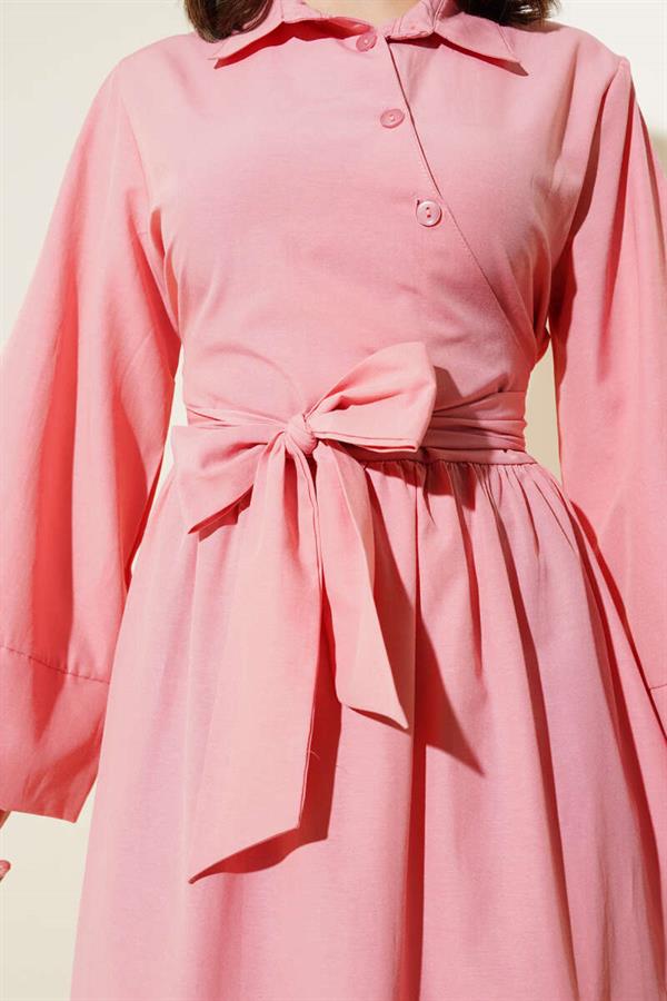 Side Tie Half Cross Button Dress Powder