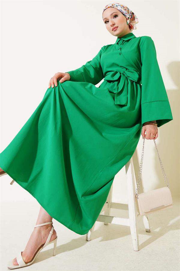 Side Tie Half Cross Button Dress Green