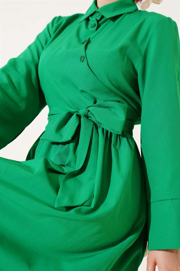 Side Tie Half Cross Button Dress Green