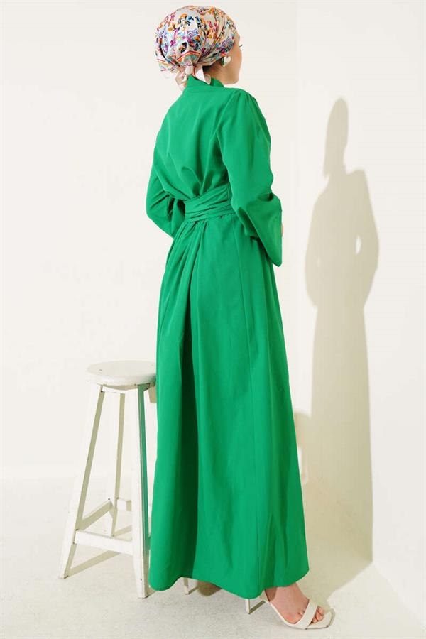 Side Tie Half Cross Button Dress Green