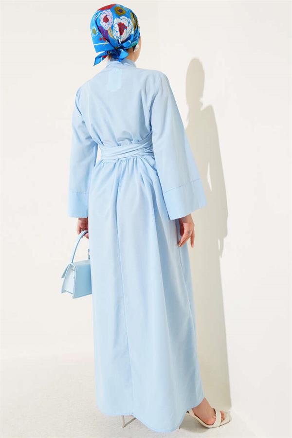 Side Tie Half Cross Button Dress Baby Blue