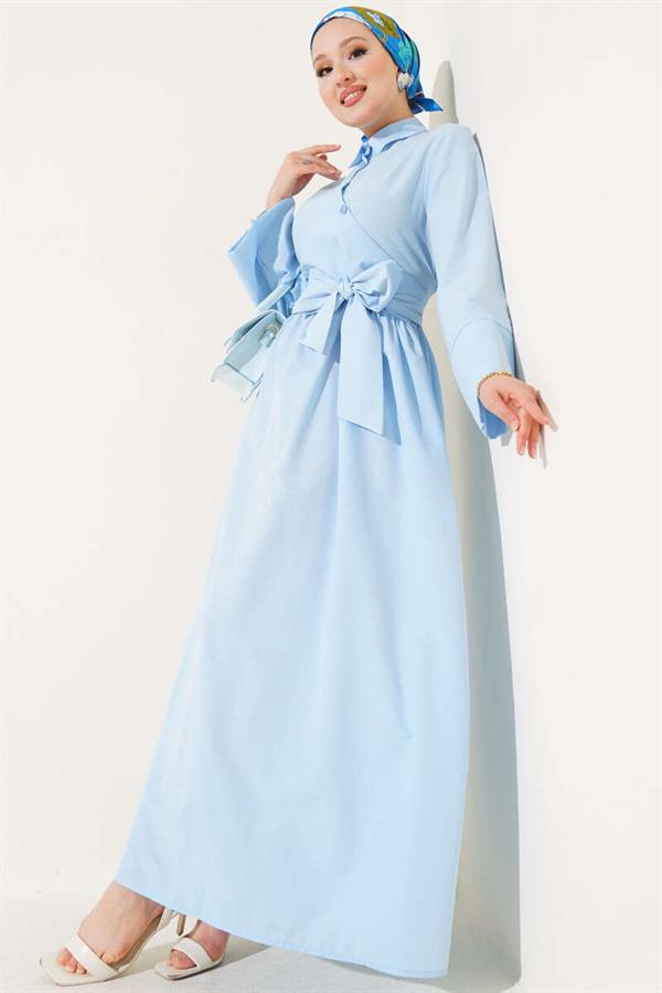 Side Tie Half Cross Button Dress Baby Blue