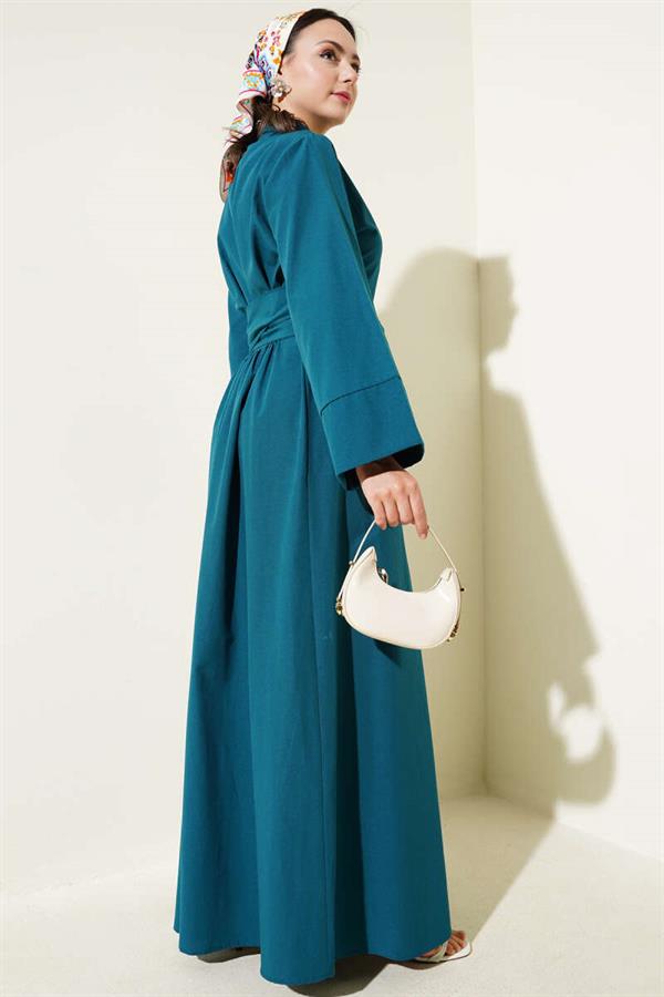 Side Tie Half Cross Button Dress Petrol