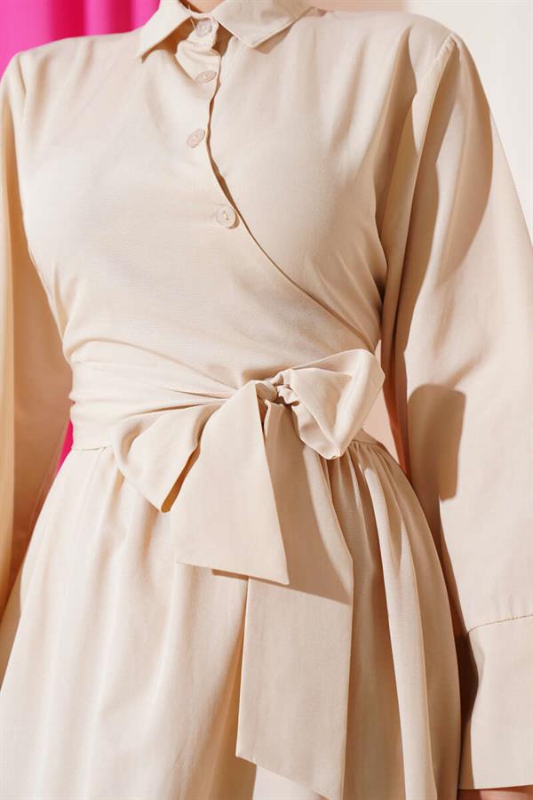 Side Tie Half Cross Button Dress Beige
