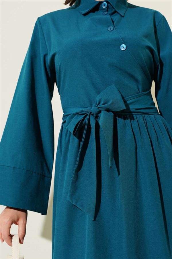 Side Tie Half Cross Button Dress Petrol
