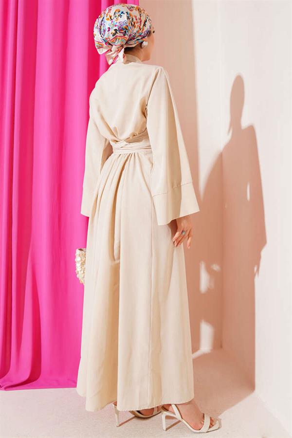 Side Tie Half Cross Button Dress Beige