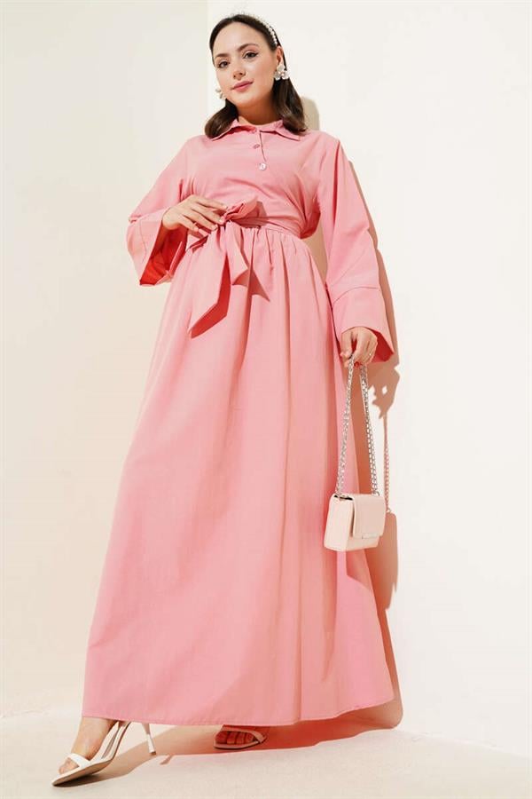 Side Tie Half Cross Button Dress Powder