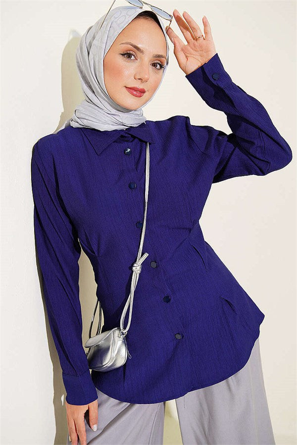 Navy Shirt with Side Waist Darts