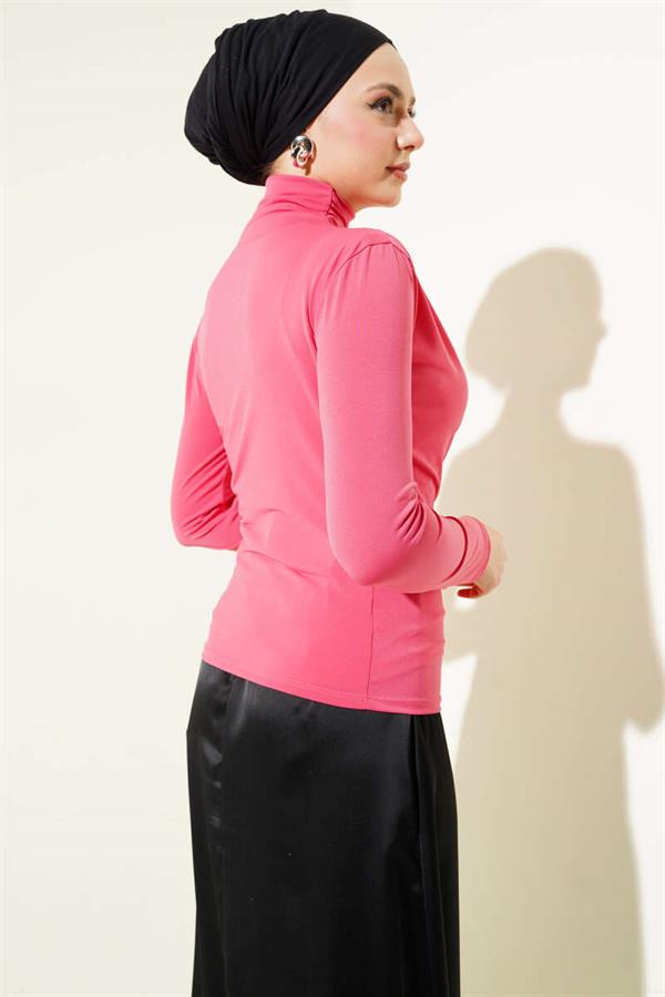 Side Gathered Turtleneck Sandy Blouse Dusty Rose