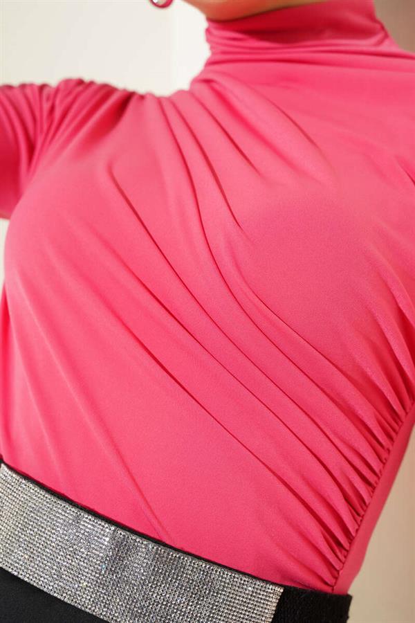 Side Gathered Turtleneck Sandy Blouse Dusty Rose