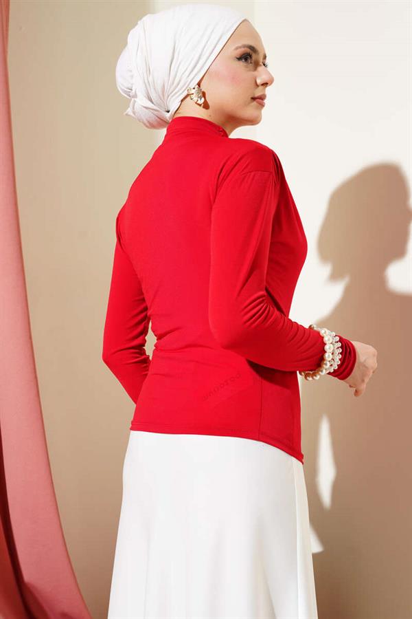 Side Gathered Turtleneck Sandy Blouse Red
