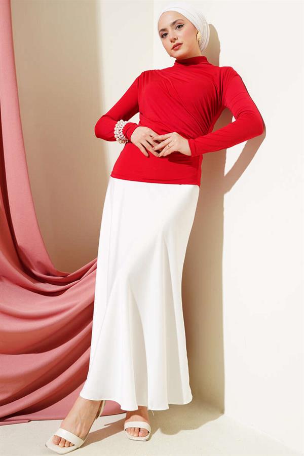 Side Gathered Turtleneck Sandy Blouse Red